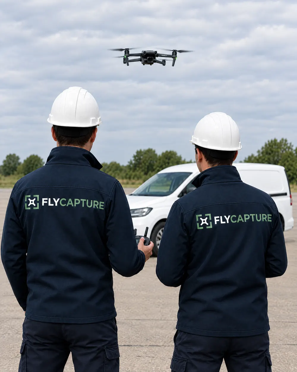 Twee drone-operators in FlyCapture-jassen met een DJI Mavic 3 in de lucht